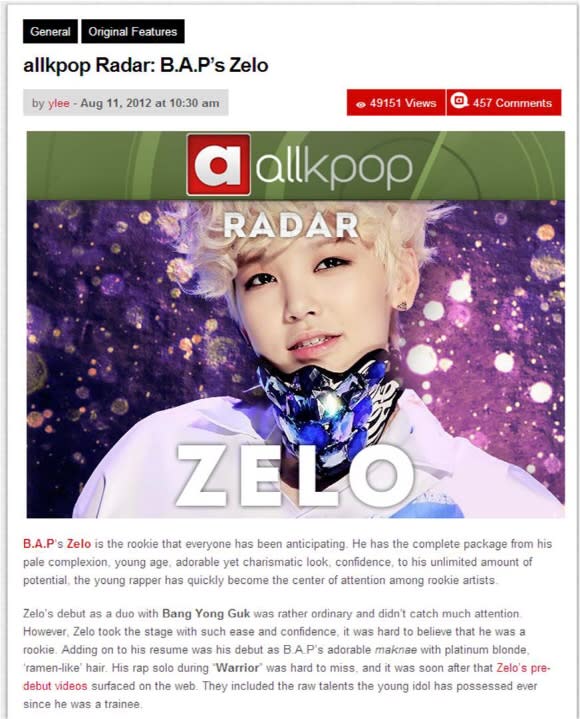 B.A.P's ZELO introduced on 'allkpop'