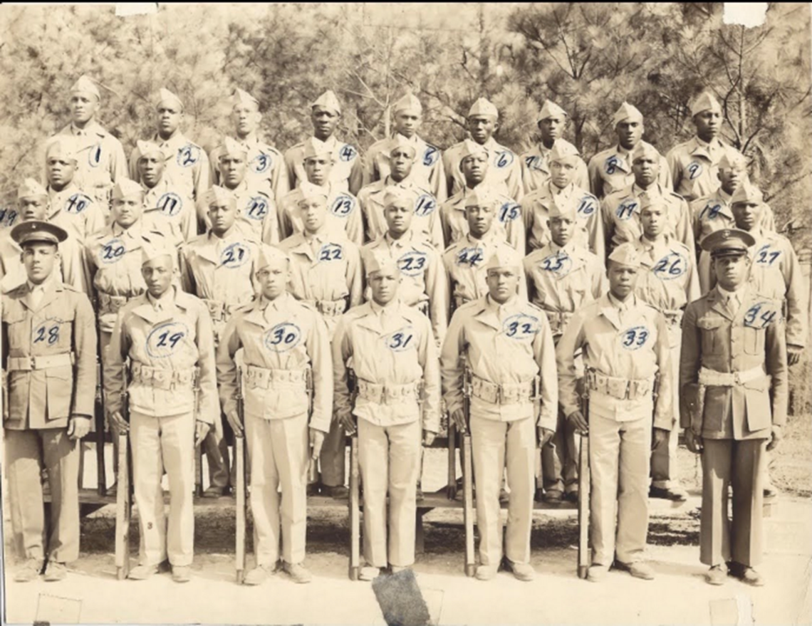 A group of U.S. Marines stand together for a photograph at Montford Point, North Carolina, in 1944. One of the Marines is Pvt. Maurice Burns, grandfather to Mallorie Berger, who has become an advocate for the Montford Point Marines.