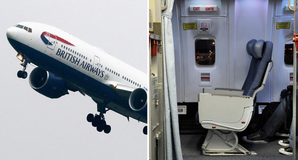 British Airways plane and inside cabin door shown after man suffers panic attack and tries to escape mid-flight.