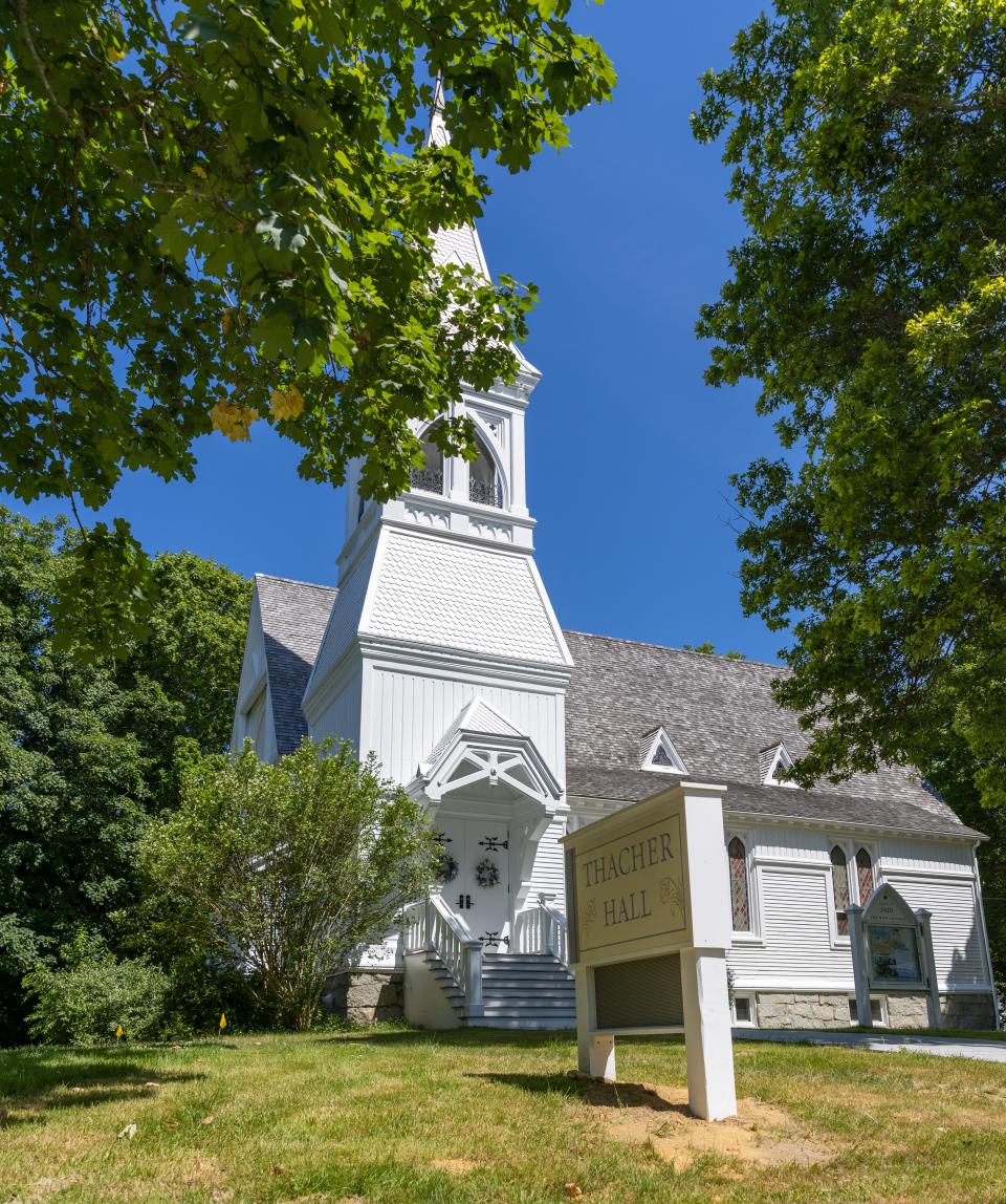 The new Thacher Hall sign stands in front of the Yarmouth New Church Wednesday in Yarmouthport.