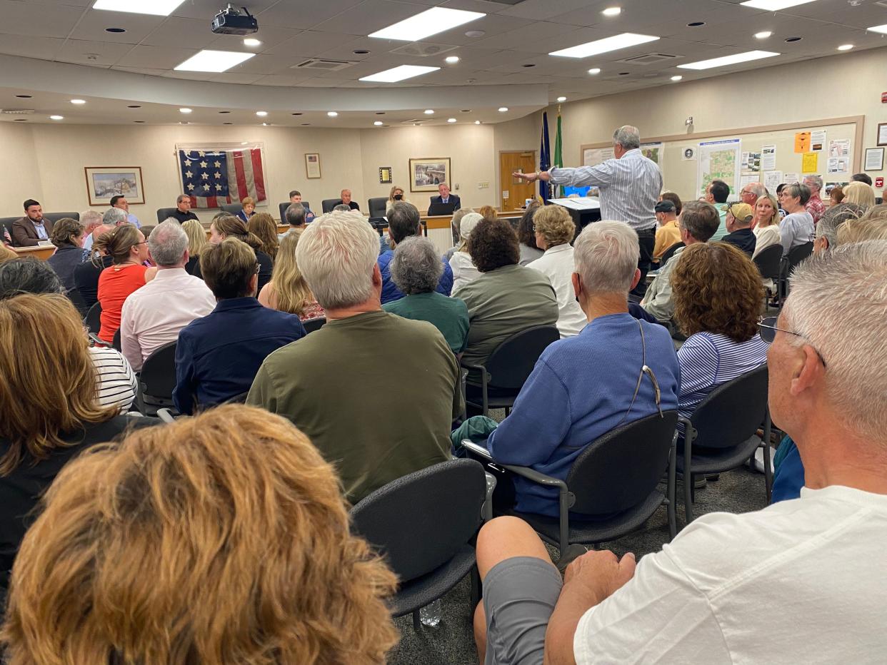 Jeff Glauber, a Buckingham resident, presents his concerns to the Buckingham Township planning commission, on Wednesday, May 1, 2024, about a proposal to build a 150,000-square foot warehouse on the DiGirolamo Tract off Cold Spring Creamery Road.