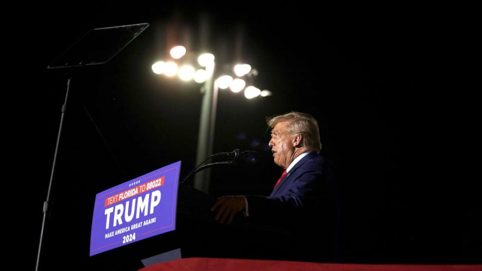 PHOTO: Former President Donald Trump speaks during a campaign rally at The Ted Hendricks Stadium at Henry Milander Park on November 8, 2023 in Hialeah, Florida. (Alon Skuy/Getty Images)