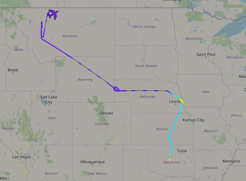 Tracking data for E-6B BuNo 164387 on January 24, 2024, showing the aircraft flying from Tinker Air Force Base in Oklahoma to Offutt Air Force Base in Nebraska. The aircraft then conducted a sortie that took it over Wyoming and Montana. <em>ADS-B Exchange</em>