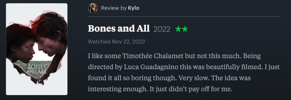 2 star Letterboxd review for "Bones And All"