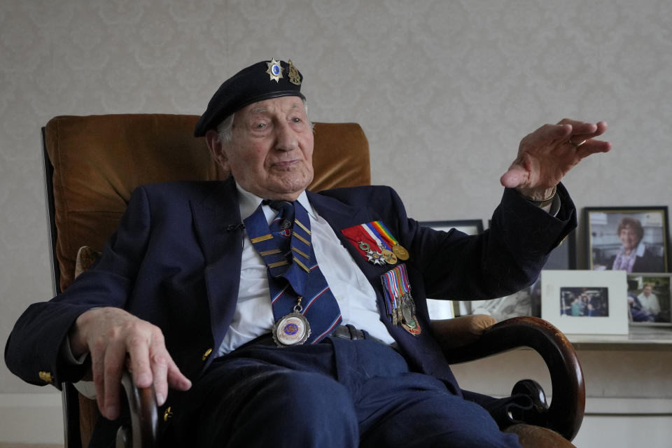 Mervyn Kersh D-Day veteran who fought in the Normandy Campaign, at his home in London, Monday, April 8, 2024. A Jewish veteran is preparing to commemorate the 80th anniversary of the D-Day landings. Pvt. Mervyn Kersh was summoned by his commanding officer and threatened with arrest even as he prepared to embark for the battlefields of Normandy eight decades ago. (AP Photo/Kirsty Wigglesworth)