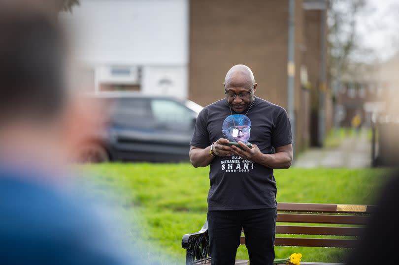 Nathaniel’s father, Frank, at the unveiling of a memorial bench in remembrance of Nathaniel Shani.