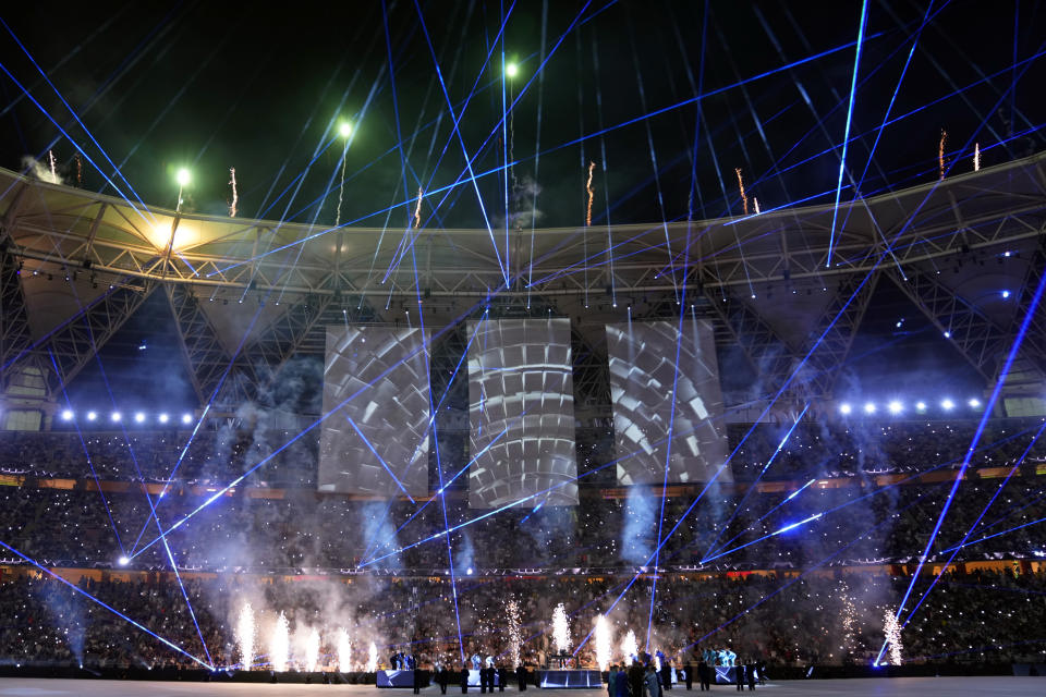 David Guetta performs on the pitch before the Soccer Club World Cup final match between Manchester City FC and Fluminense FC at King Abdullah Sports City Stadium in Jeddah, Saudi Arabia, Friday, Dec. 22, 2023. (AP Photo/Manu Fernandez)