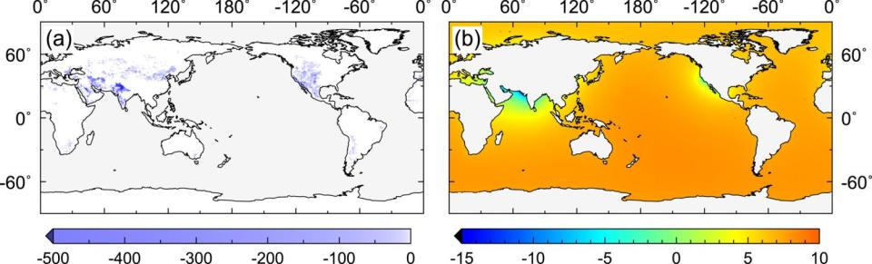 A la izquierda: Cambio total de almacenamiento de agua subterránea en la tierra. A la derecha: Variación del nivel del mar asociada para el periodo 1993–2010 | Seo, Ki‐Weon, et al. Geophysical Research Letters, (2023)