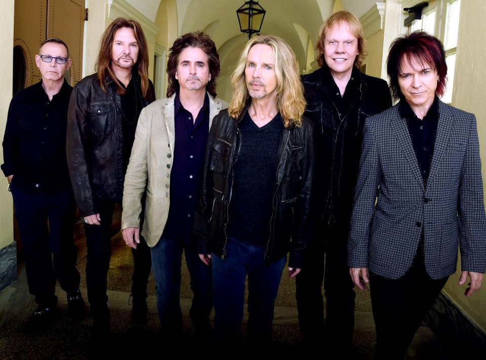 Rock band Styx, from left, are Chuck Panozzo, Ricky Phillips, Todd Sucherman, Tommy Shaw, James Young and Lawrence Gowan. The portrait was taken at Macon City Auditorium on Oct. 4, 2014, in Macon, Georgia.