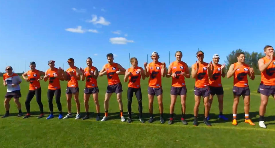 Jeremy Cameron leads a chrous of Giants players taking part in the #doitforJoshie chicken dance. Image: Supplied