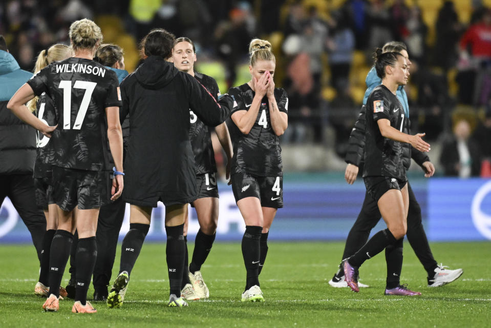 New Zealand players react following the Women's World Cup Group A soccer match between New Zealand and the Philippines in Wellington, New Zealand, Tuesday, July 25, 2023. (AP Photo/Andrew Cornaga)