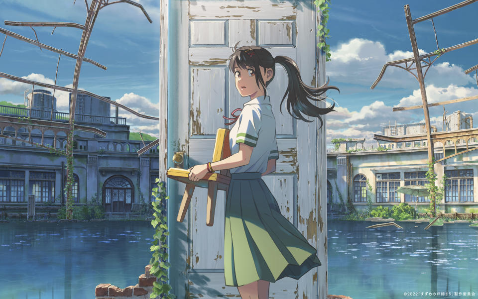 This image released by Sony Pictures Entertainment shows Suzume, voiced in Japanese by Nanoka Hara, and dubbed in English by Nichole Sakura, in a scene from the animated film “Suzume," opening in U.S. theaters on Friday. (Sony Pictures Entertainment via AP)