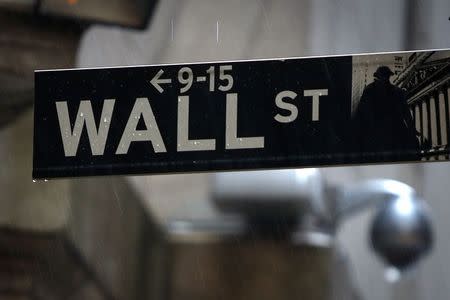 A Wall Street sign is pictured in the rain outside the New York Stock Exchange in New York June 9, 2014. REUTERS/Carlo Allegri