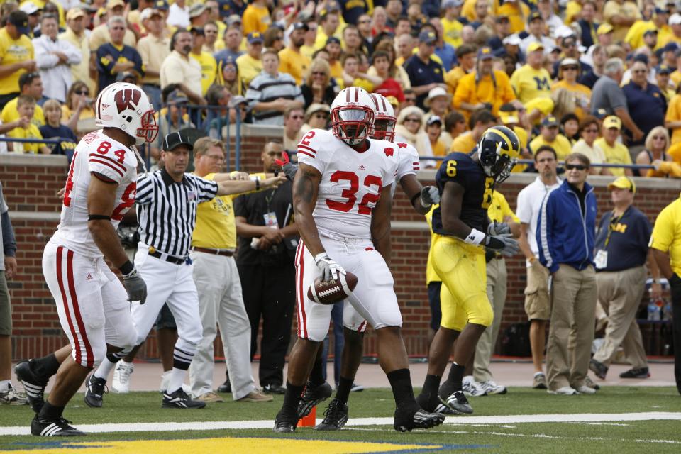 ANN ARBOR, MI – SEPTEMBER 27: John Clay #32 of the Wisconsin Badgers stands in the endzone after scoring a touchdown during the game against the Michigan Wolverines on September 27, 2008 at Michigan Stadium in Ann Arbor, Michigan. (Photo by Gregory Shamus/Getty Images)