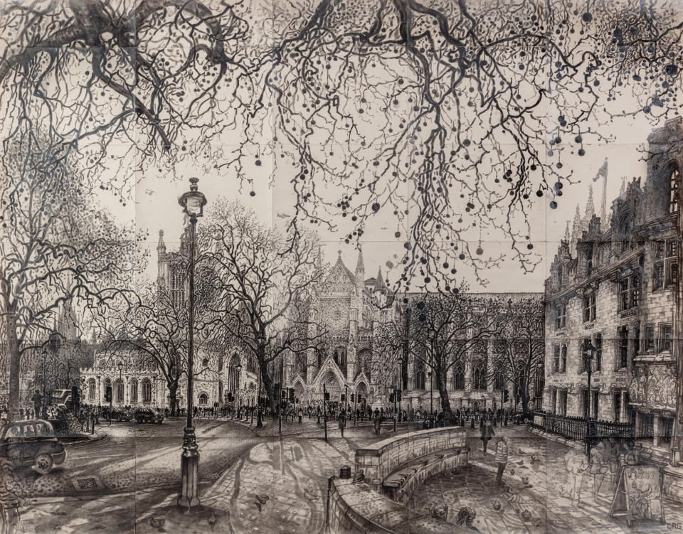 Image by Christopher Green of Westminster Abbey. Britain’s Royal Drawing School has commissioned alumni artists of its flagship postgraduate-level program, The Drawing Year, to create works that are personal reflections on the coronation. The art is on show, and for salle, Christie’s, King Street, in <a href="https://wwd.com/eye/people/after-glittering-coronation-weekend-king-charles-iii-faces-tough-road-1235640691/" rel="nofollow noopener" target="_blank" data-ylk="slk:London;elm:context_link;itc:0;sec:content-canvas" class="link ">London</a>.