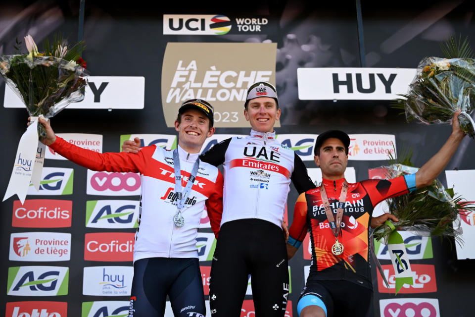 HUY BELGIUM  APRIL 19 LR Mattias Skjelmose of Denmark and Team Trek  Segafredo on second place race winner Tadej Pogaar of Slovenia and UAE Team Emirates and Mikel Landa of Spain and Team Bahrain  Victorious on third place pose on the podium ceremony after the 87th La Fleche Wallonne 2023 Mens Elite a 1943km one day race from Herve to Mur de Huy  UCIWT  on April 19 2023 in Huy Belgium Photo by David StockmanGetty Images