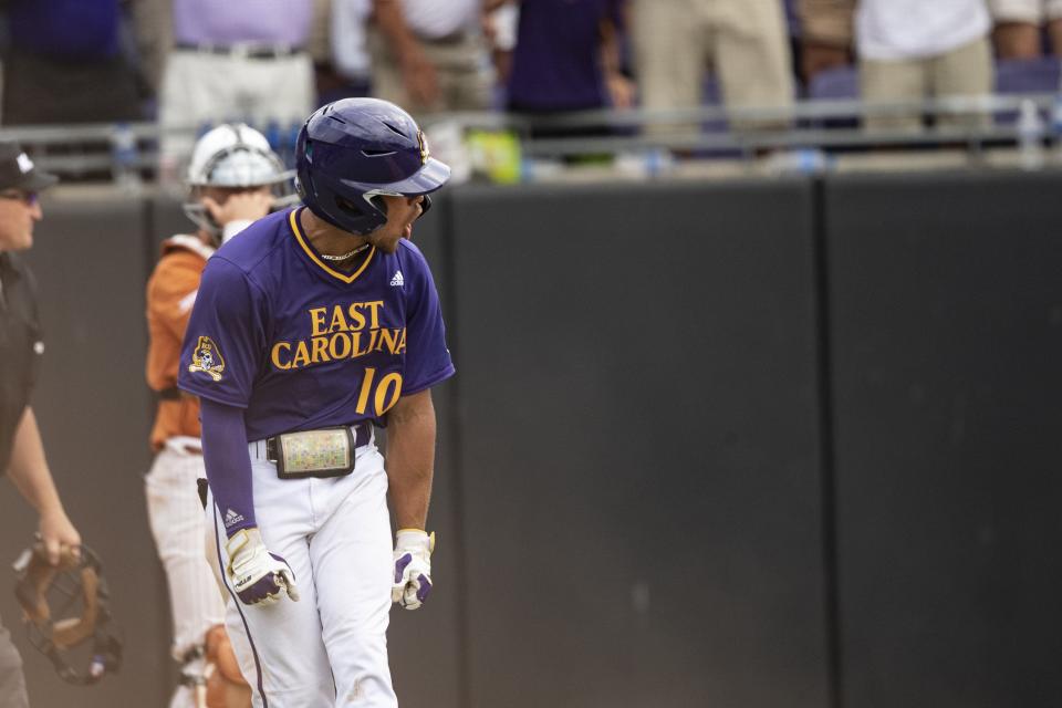 East Carolina's Jacob Starling is jubilant over a game-tying home run with two outs in the top of the ninth inning.