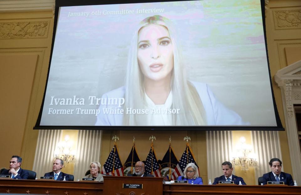 Former White House Senior Adviser Ivanka Trump is seen on a video screen during the public hearing of the U.S. House Select Committee to Investigate the January 6 Attack on the United States Capitol, on Capitol Hill in Washington, U.S., June 9, 2022. REUTERS/Jonathan Ernst (REUTERS)