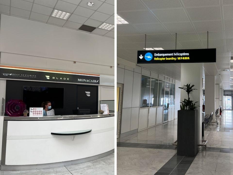Side by side images of a customer service desk in an airport servicing helicopter companies and a sign showing the direction to helicopter boarding.