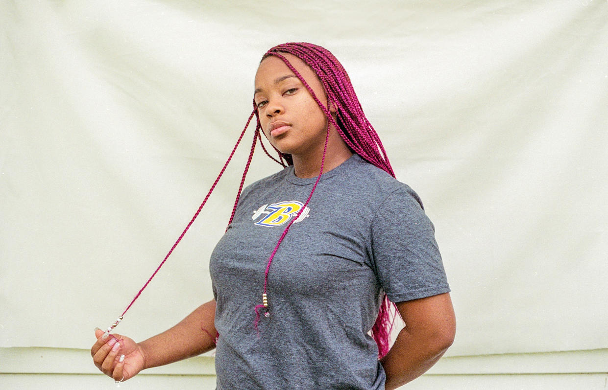 Diamond Campbell said she didn't understand what threat her plastic beads posed — or what impact they would have on her performance — as powerlifting is a contactless sport. (Imani Khayyam for NBC news)