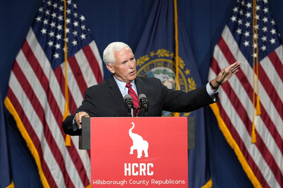 Former Vice President Mike Pence speaks at the annual Hillsborough County NH GOP Lincoln-Reagan Dinner, Thursday, June 3, 2021, in Manchester, N.H. (AP Photo/Elise Amendola)