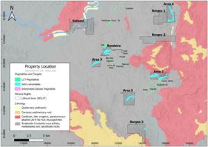 Lithium Ionic Claims Totalling ~3,600 ha Overlaid on Geology Map