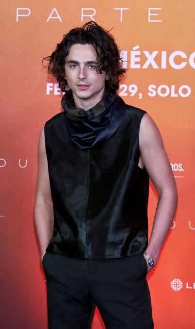 Timothée in a sleeveless top and scarf posing at a "Dune" event