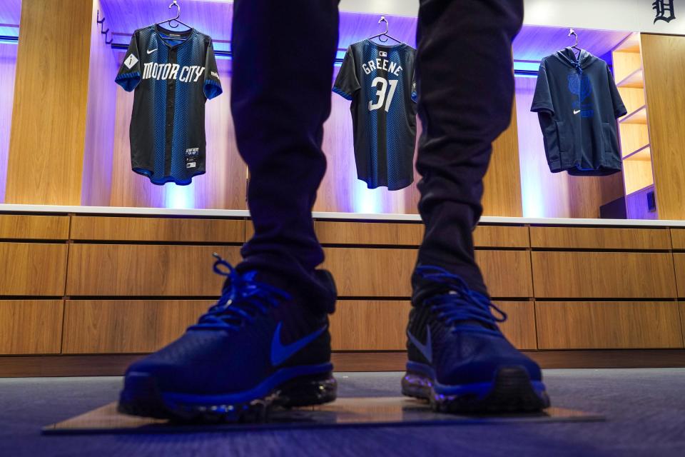 A display of the Detroit Tigers 2024 Nike MLB City Connect series uniform sits on display in a locker room area during a special launch event at Comerica Park in Detroit on Monday, May 6, 2024.