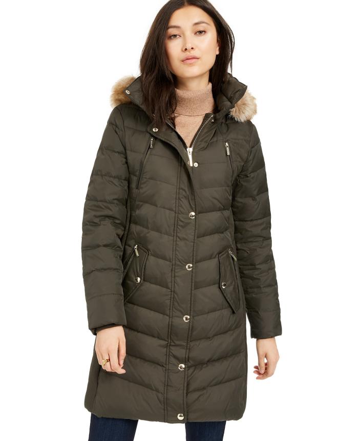 MICHAEL Michael Kors Faux-Fur-Trim Hooded Chevron Down Puffer Coat