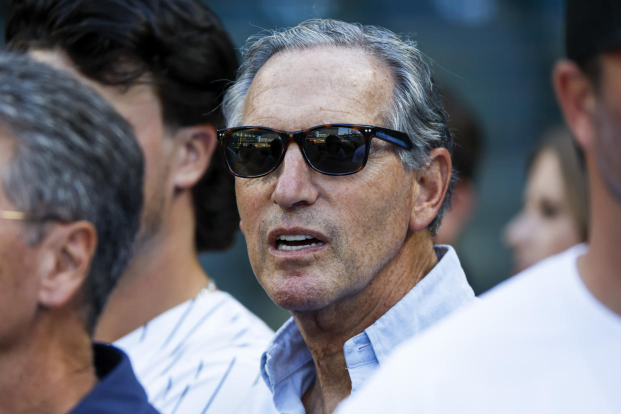 Aug 9, 2022; Seattle, Washington, USA; Starbucks Coffee chief executive officer Howard Schultz watches the New York Yankees take batting practice before a game against the Seattle Mariners at T-Mobile Park. Mandatory Credit: Joe Nicholson-USA TODAY Sports