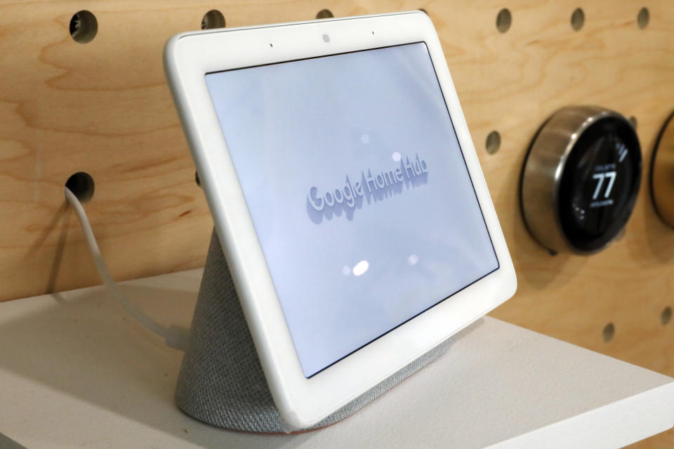 FILE- In this Oct. 9, 2018, file photo a Google Home Hub is displayed in New York. Google Assistant has made for a name for itself in a voice technology market once dominated by Amazon and Apple. Google is expected to announce updates to its voice assistant and smart home products Tuesday, May 7, 2019, at its annual developers conference. (AP Photo/Richard Drew, File)