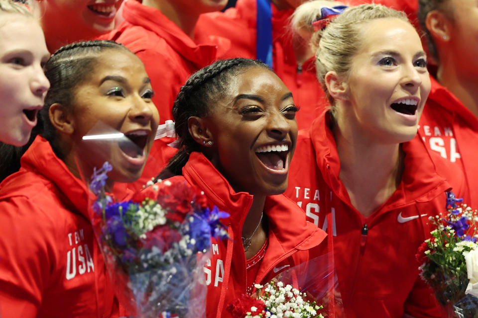 ST LOUIS, MISSOURI - JUNE 27:  (L-R) Jordan Chiles, Simone Biles, Mykayla Skinner and Sunisa Lee, pose following the Women's competition of the 2021 U.S. Gymnastics Olympic Trials at America’s Center on June 27, 2021 in St Louis, Missouri. (Photo by Carmen Mandato/Getty Images)