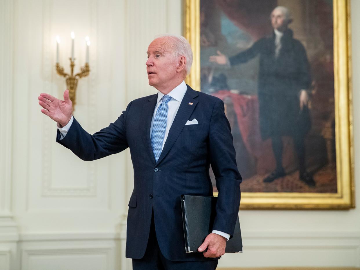 US president Joe Biden responds to a question after his remarks on efforts to get more Americans vaccinated in Washington, DC on 29 July 2021 (EPA)