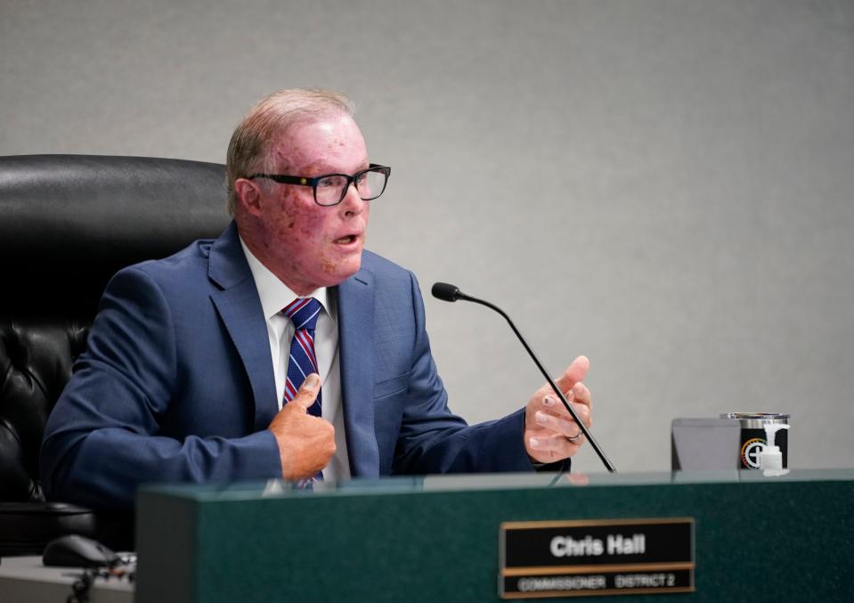 Collier County Commissioner Chris Hall speaks about the “Collier County Health Freedom” ordinance at the Collier County Administration building in Naples on Tuesday, March 28, 2023.