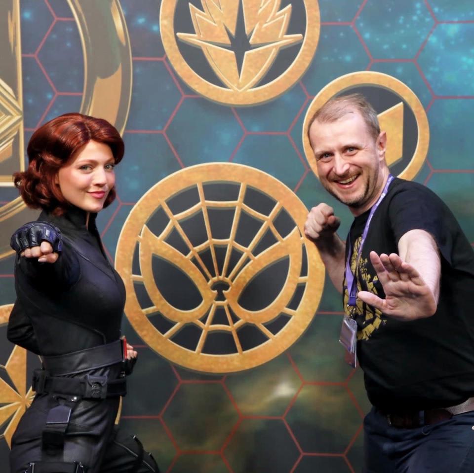 Damon Smith poses with Black Widow in the Super Hero Station at Disney's Hotel New York – The Art of Marvel at Disneyland Paris (Damon Smith/PA)