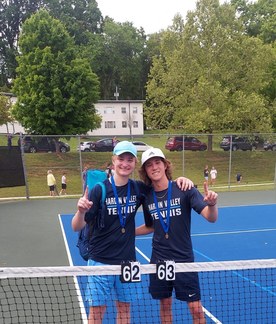 Hardin Valley Academy tennis doubles partners Ryan Leckrone and Lucas Wilson won the District 4-AA championship 6-2, 6-3 over Maryville in May 2024. Last year, Leckrone won singles in both the district and region so is trying for it in doubles this season. Wilson has set a record at HVA for career match wins.
