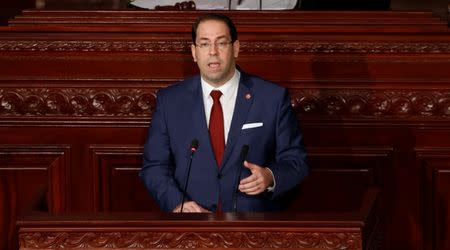 Tunisia's Prime Minister Youssef Chahed speaks at the Assembly of People's Representatives in Tunis, Tunisia November 21, 2017. REUTERS/Zoubeir Souissi/Files