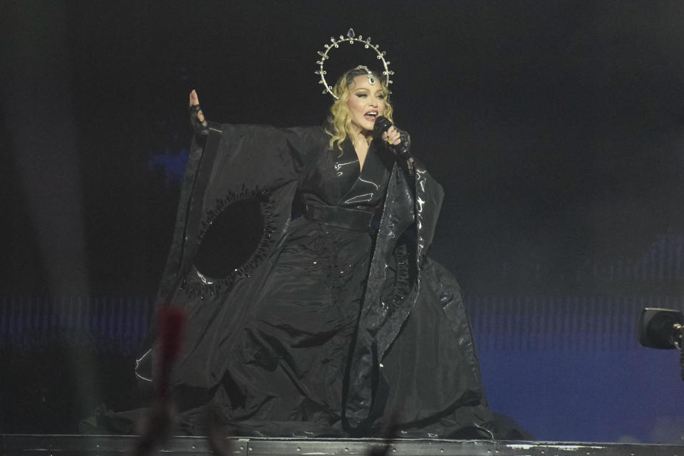 Madonna performs in the final show of her The Celebration Tour, on Copacabana Beach in Rio de Janeiro, Brazil, Saturday, May 4, 2024. (AP Photo/Silvia Izquierdo)