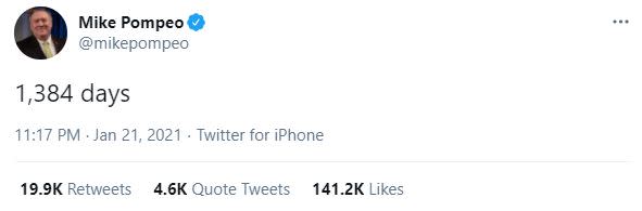 蓬佩奧在推特寫下2024大選的倒數天數。（圖／翻攝自Mike Pompeo推特）