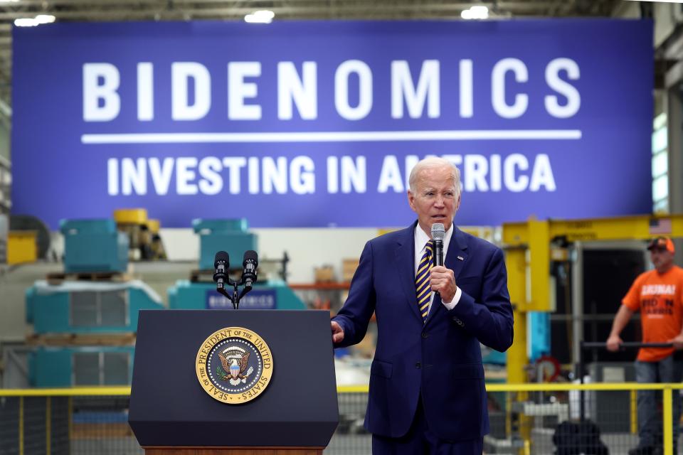 President Joe Biden speaks to guests at Ingeteam Inc., an electrical equipment manufacturer, on August 15, 2023 in Milwaukee, Wisconsin. Biden used the opportunity to speak about his "Bidenomics" economic plan on the one-year anniversary of the Inflation Reduction Act of 2022.