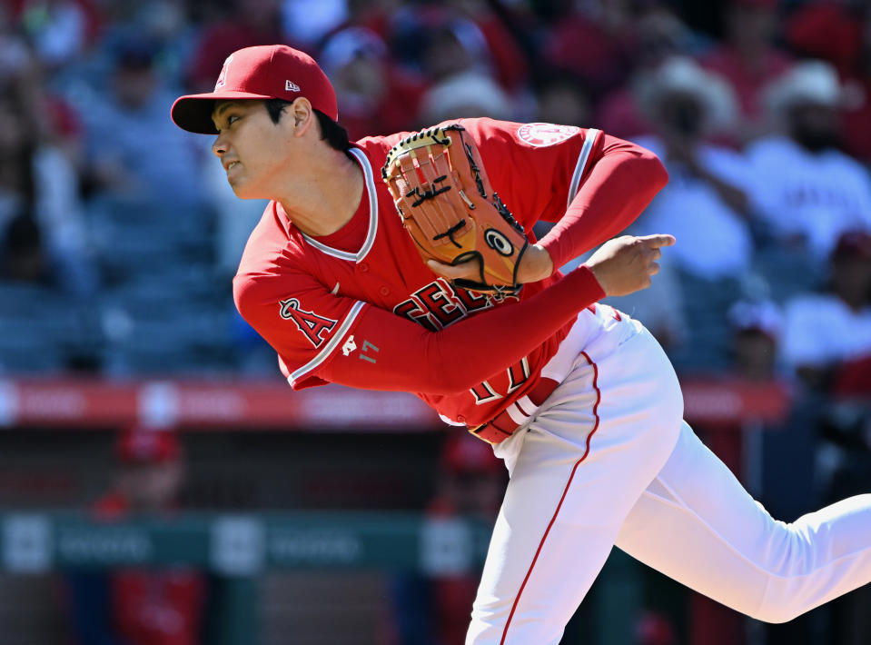 ANAHEIM, CA - MAY 11: Los Angeles Angels pitcher Shohei Ohtani (17) pitching in the first inning of an MLB baseball game against the Tampa Bay Rays played on May 11, 2022 at Angel Stadium in Anaheim, CA. (Photo by John Cordes/Icon Sportswire via Getty Images)