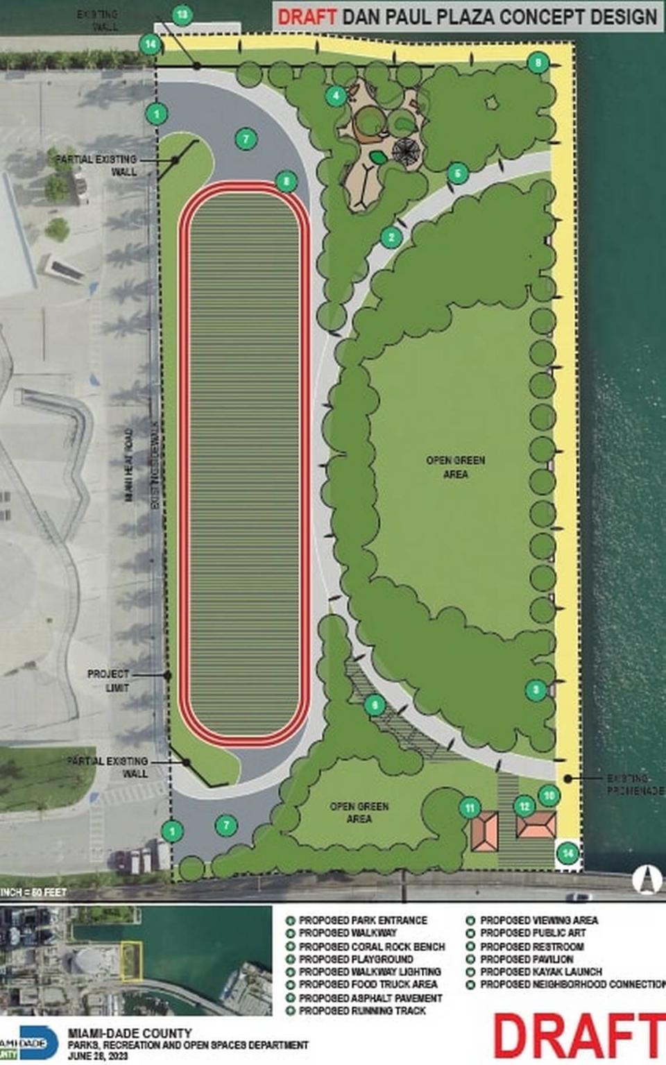 In June 2023, the Miami-Dade County Department of Parks and Recreation created a vision for a potential park at county land behind the Kaseya Center known as both Parcel B and Dan Paul Plaza. The Miami Heat currently fences off the site for overflow parking.