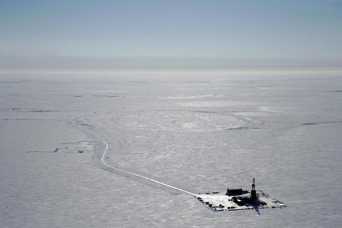 CORRECTS NUMBER OF ACRES TO 16 MILLION NOT 13 MILLION - FILE - This 2019 aerial photo provided by ConocoPhillips shows an exploratory drilling camp at the proposed site of the Willow oil project on Alaska's North Slope. President Joe Biden will prevent or limit oil drilling in 16 million acres of Alaska and the Arctic Ocean, an administration official said on Sunday, March 12, 2023. The expected announcement comes as regulators prepare to announce a final decision on the controversial Willow project. (ConocoPhillips via AP, File)