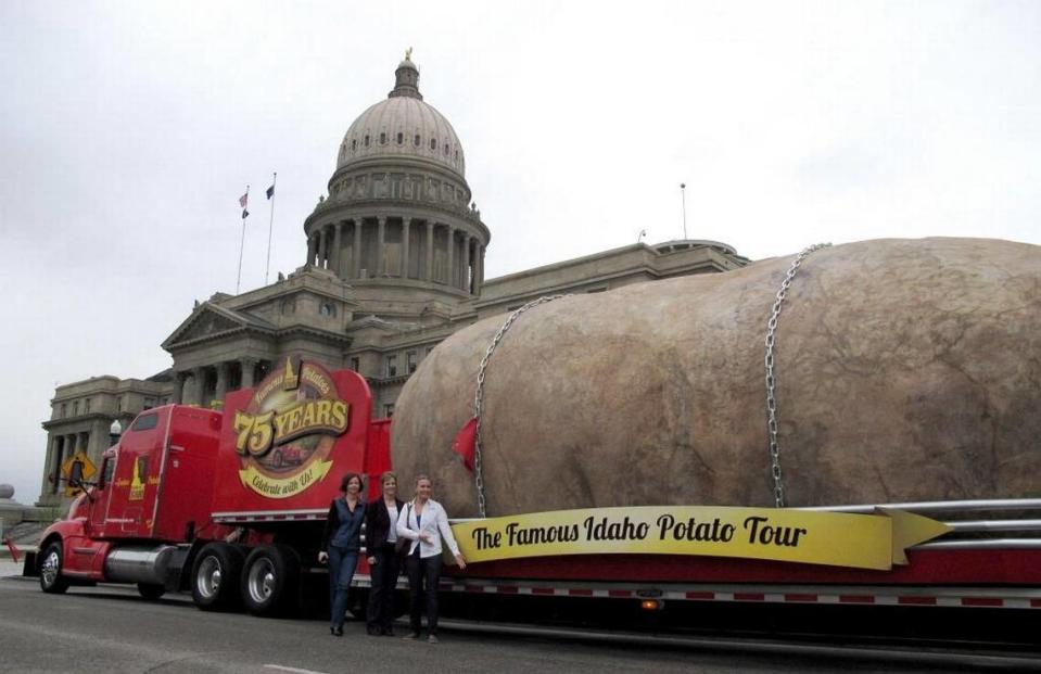 The Idaho Potato Commission displays its six-ton tuber replica on the street in front of the Idaho Capitol in Boise. The Idaho Potato Commission says its traveling advertisement, the Great Big Idaho Potato Truck, could roll on indefinitely.