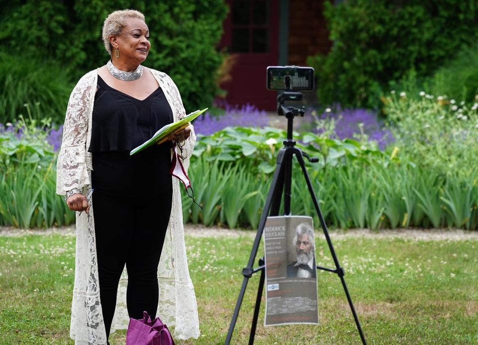 JerriAnne Boggis, executive director of the Black Heritage Trail of New Hampshire (BHTNH) introduces the Frederick Douglass event at Strawbery Banke Musuem in Portmsouth, on July 3, 2020. 