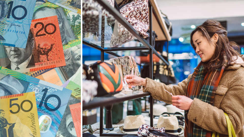 Composite image of money and a woman smiling because her budget allows her to shop for a handbag.