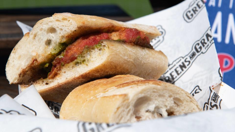 A Greens and Grain Chk'n Parm Pesto is displayed during an event to highlight what is new for the 2023 Philadelphia Phillies season at Citizens Bank Park in Philadelphia on Monday, April 3, 2023.