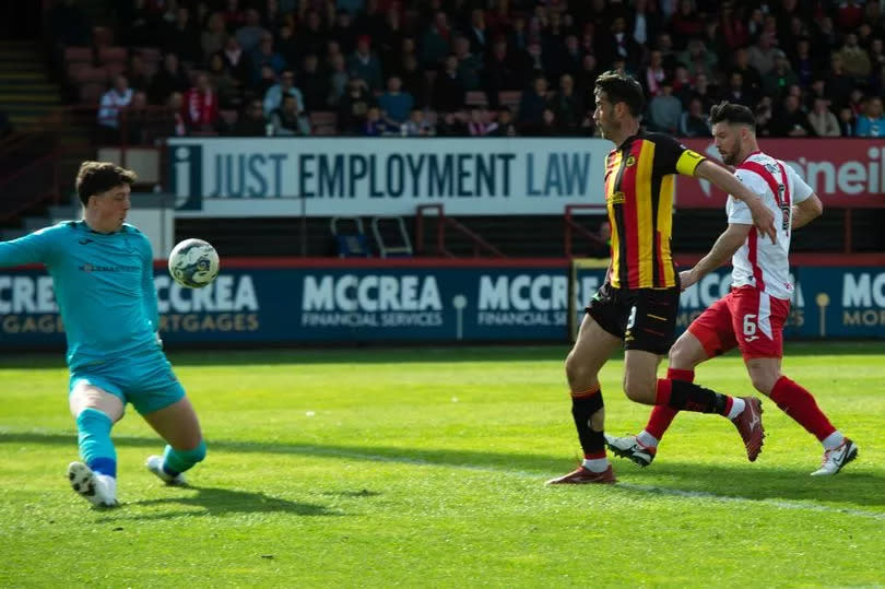 Brian Graham scores the first of his two goals against Airdrie