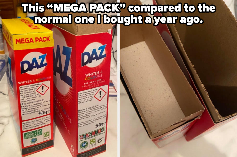 Mega pack of Daz detergent on left is mostly empty when opened, shown with an identical opened box on the right that's also mostly empty