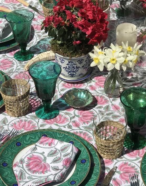 Amory's Strawberry Fields linens paired with with malachite and lapis lazuli–infused Mottahedeh designs.